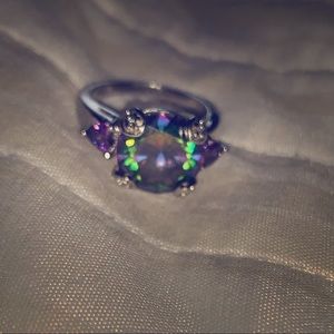 Silver ring with rainbow topaz and amethyst stones